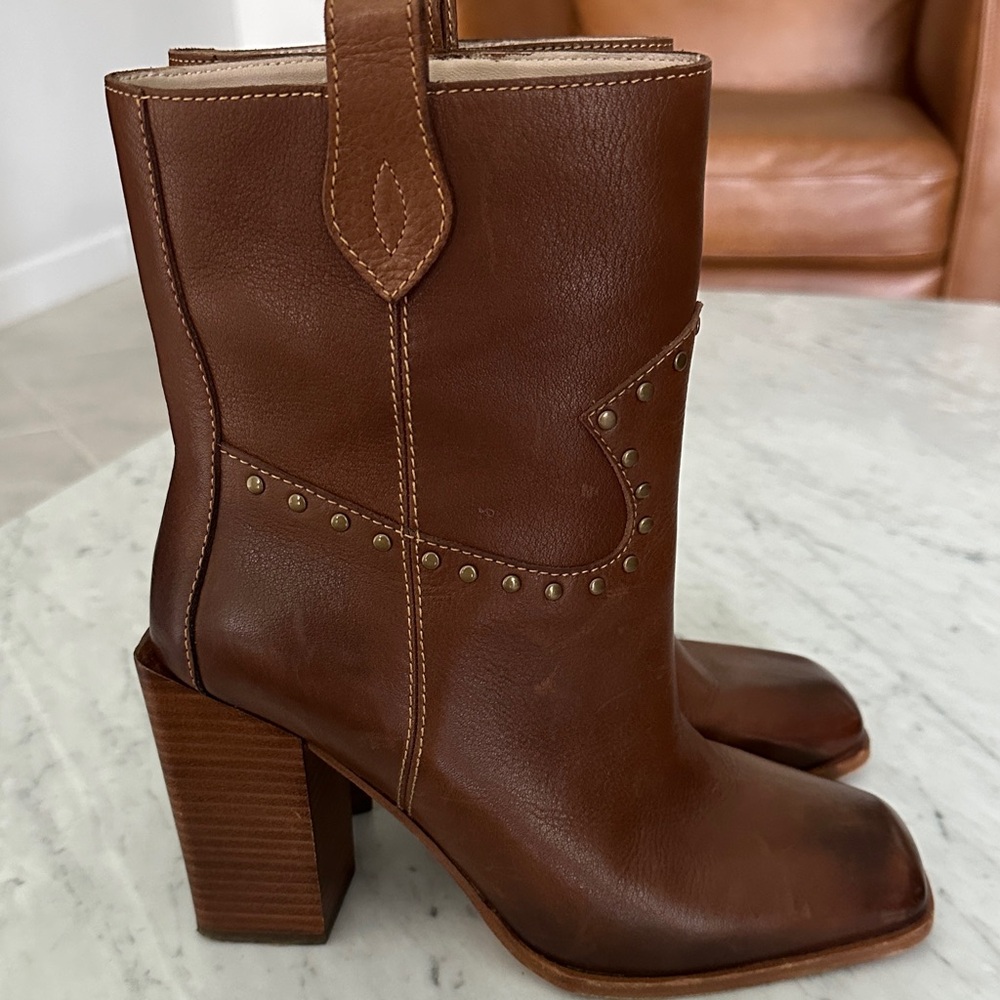 PAIGE Leather Brown Ashley Stud Western Calf Boots